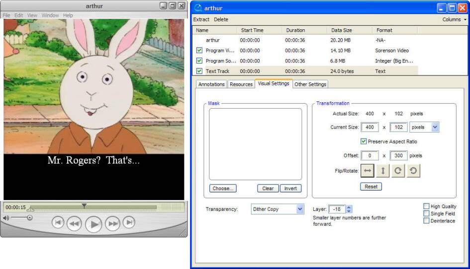 A caption track positioned at the bottom of the QuickTime Player window.