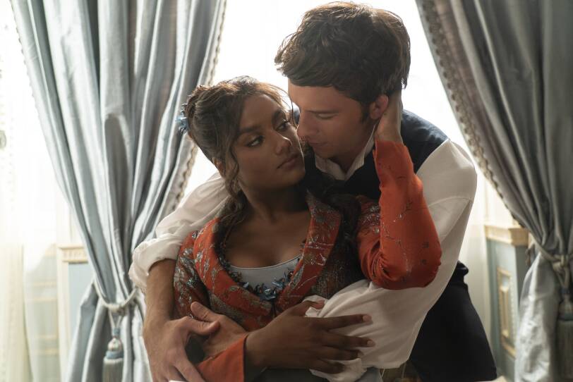 Simone Ashley as Kate Sharma, Jonathan Bailey as Anthony Bridgerton in episode 301 of Bridgerton.