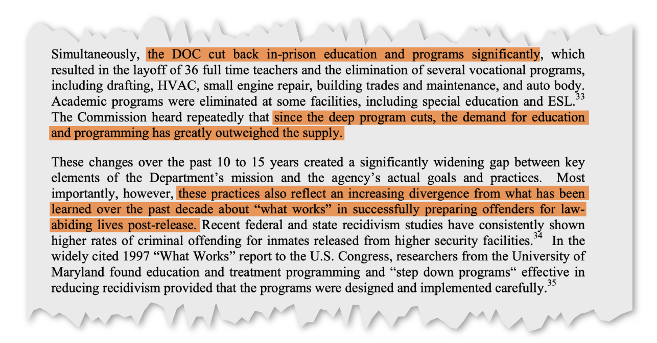 A screengrab of the 2004 Romney report shows the commission criticizing the Department of Correction for cutting back on in-person education and programs significantly.