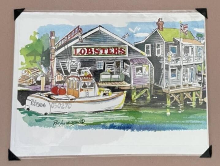 A hand-drawn watercolor illustration of a bay with a boat, homes, and restaurant sign that says "lobsters."