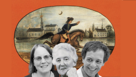 three people smiling in front of a painting of paul revere on a horse