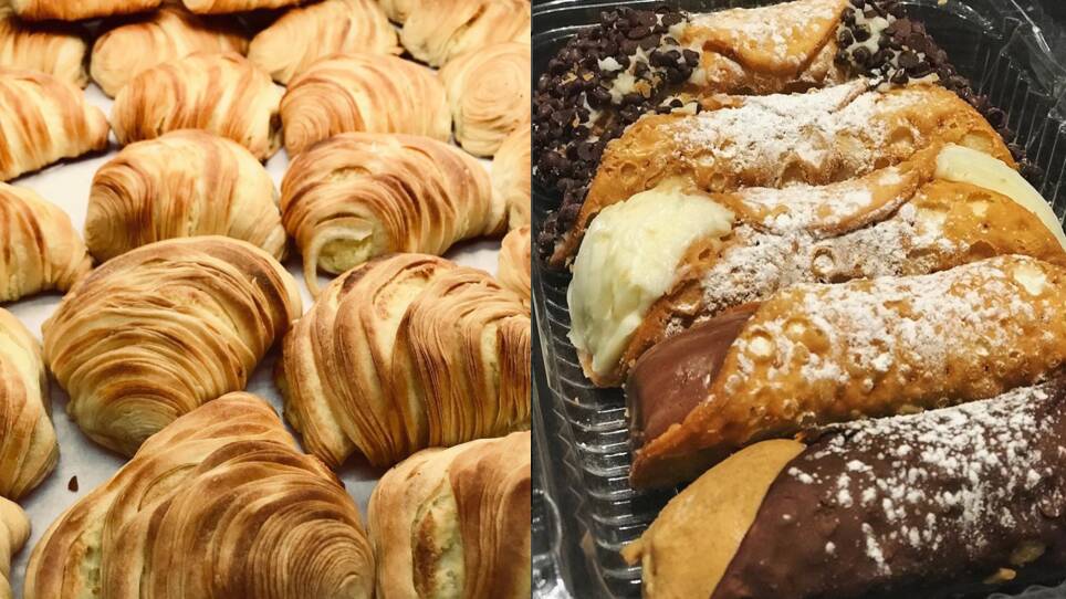 left: Sfogiatelle (or Lobster Tails): Melt-in-your-mouth layers of flaky pastry filled with French Cream.           right: Bova's Bakery Cannoli