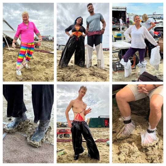 Six photos showing Burning Man attendees humorously modeling trash bags on their feet and legs to protect from the mud.