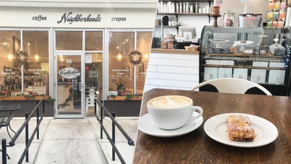 Neighborhood's Coffee & Crepes exterior and interior photos.