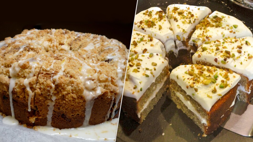 Left: Mariposa Bakery's cranberry pear coffee cake with a streusel and icing top // Right: Banana pistachio cake with cream cheese icing and chopped pistachios