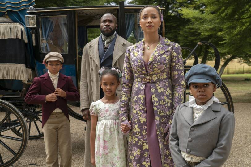 James Bryan as Nicky Mondrich, Martins Imhangbe as Will Mondrich, Ariella Warburton as Daisy Mondrich, Emma Naomi as Alice Mondrich, Elias Amos as John Mondrich in episode 301 of Bridgerton.