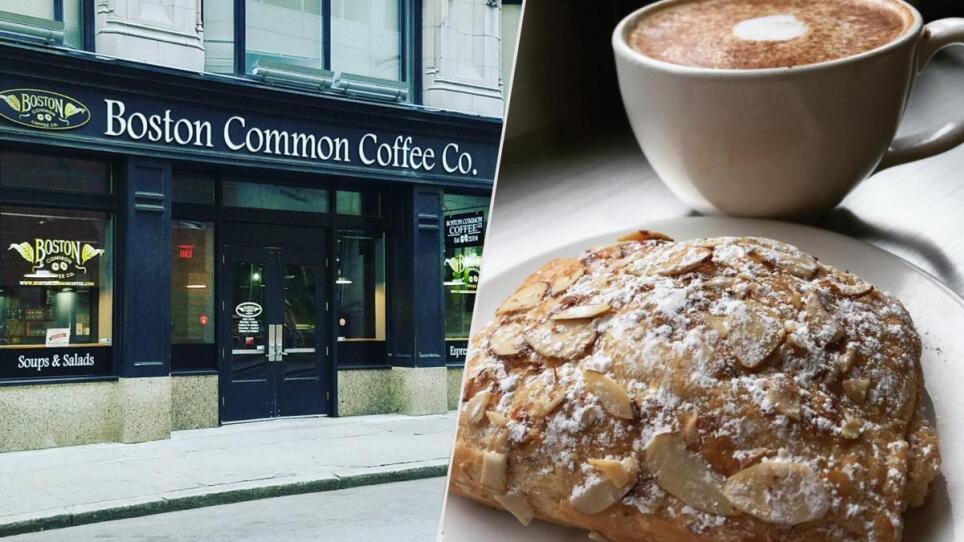 Exterior of Boston Common Coffee Co. (left) and an Almond Croissant and Coffee (right)