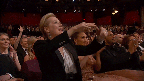 Meryl Streep yells "yes!" and points