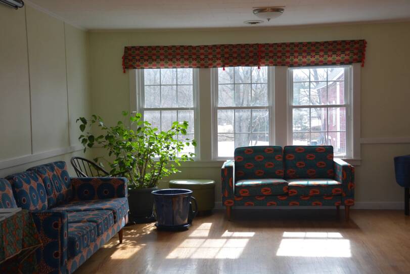 Two blue and orange patterned couches are in a large bright room. It has three large windows and red and green patterned blinds. There is a hibiscus plant in the left hand corner of the room.