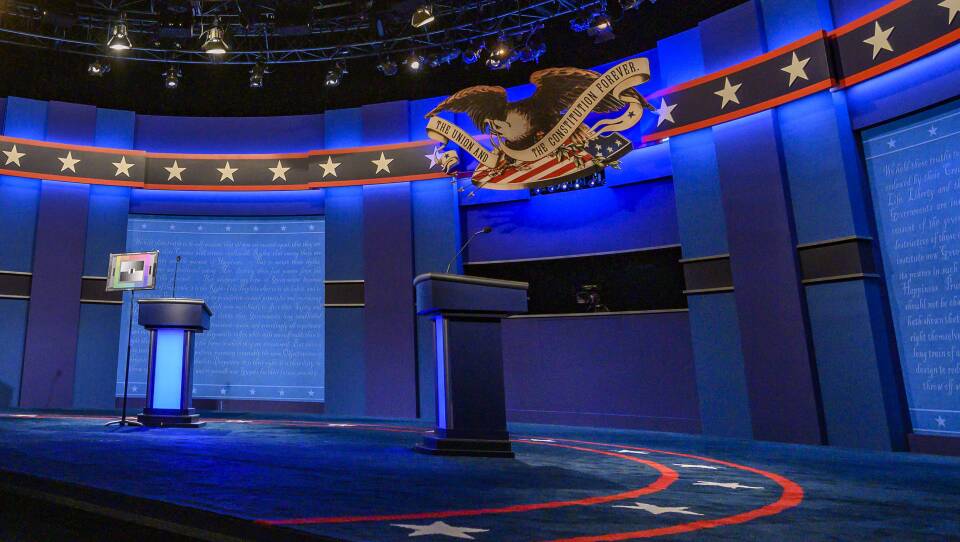 The stage for the final presidential debate of the 2020 election is tested for light and sound at Belmont University in Nashville, Tenn., on Wednesday.
