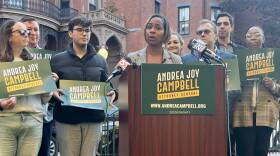 A Black woman stands at a podium, with a row of people behind her holding campaign signs. They are all standing in front of a row of brownstone homes.