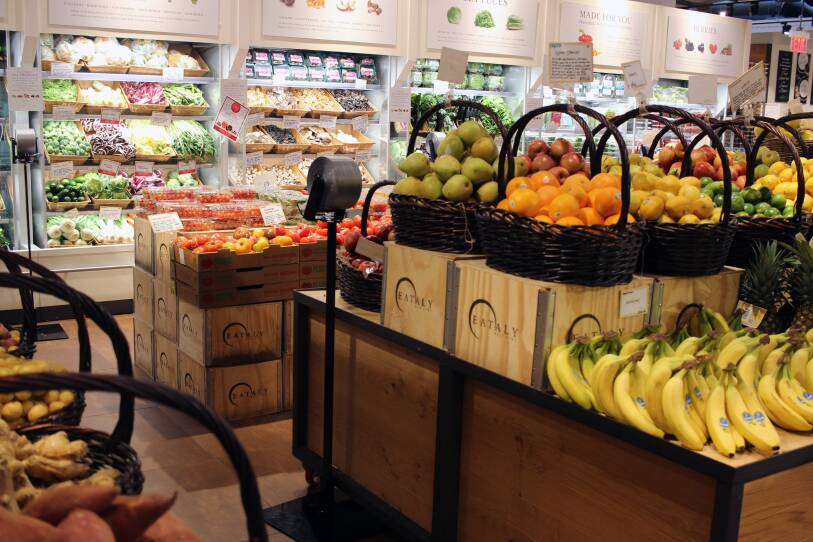 The produce is fresh and abundant in the market at Eataly Boston.