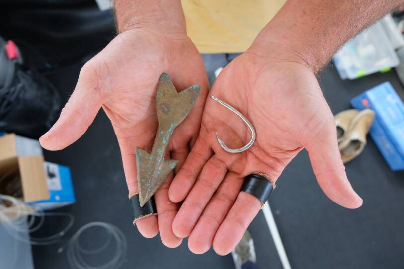 Connell uses 200-pound monofilament with bait fish on a hook. He will use a barbed harpoon to give himself insurance line once the fish nears the boat.