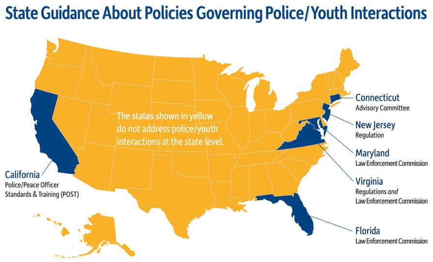 A map of the United States labels nearly all of the country as states that "do not address police/youth interactions." Only California, Connecticut, New Jersey, Marilyn, Virginia and Florida have some policies.