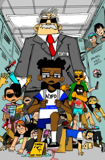 This is a comic illustration of a school setting. There is a pyramid of kids in the school hallway, which is flanked by lockers. The kids are stacked on top of each other as a way to convey the chaos of school and getting to class. In the front of the pack is a young black boy. He has stepped in bubble gum. He's wearing a backpack and a blue and white shirt that says "NYPD Police Force." Looming behind him is a towering man who is wearing black sunglasses, a grey suit, a white shirt and red tie. He has a name tag on his right lapel, which says "Principal Bob Shark."