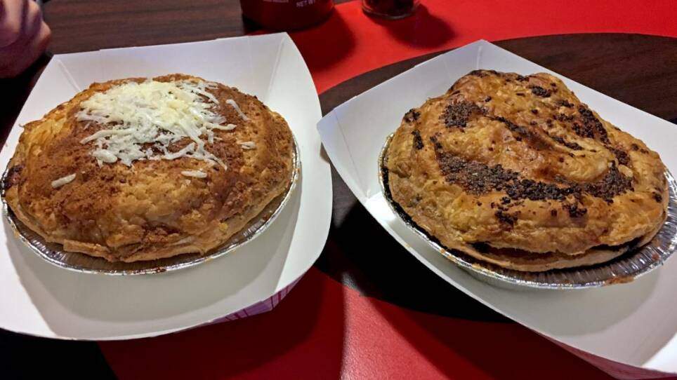 The classic beef with cheese pie, and the Pie of the Day – braised beef, caramelized onions, and blue cheese.