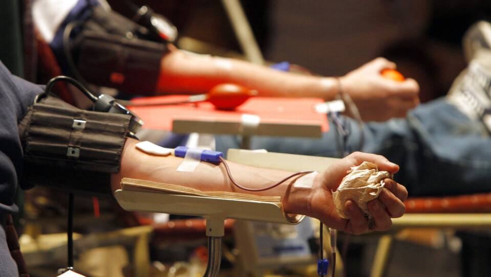A person's arm is outstretched with an IV inserted to donate blood