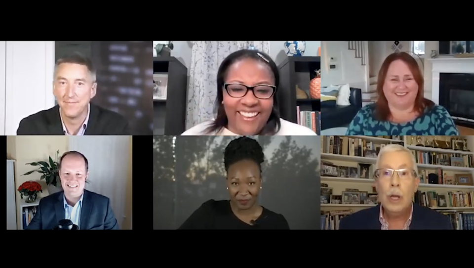 A screenshot of a Zoom call with six people