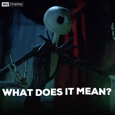 A stop motion skeleton yells "what does it mean?"